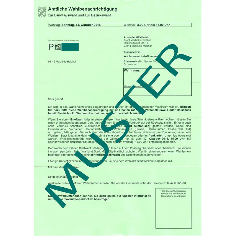 Muster-Wahlbenachrichtigungsschein Landtags- und Bezirkswahl in Bayern 2018
