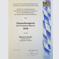 Bild vergrern: Urkunde Staatsehrenpreis Bckerei-Konditorei Kosler