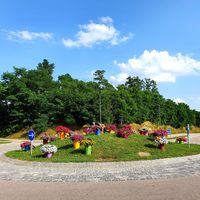 Bild vergr��ern: Bunte Blumentonnen am Kreisel beim Bahnhof